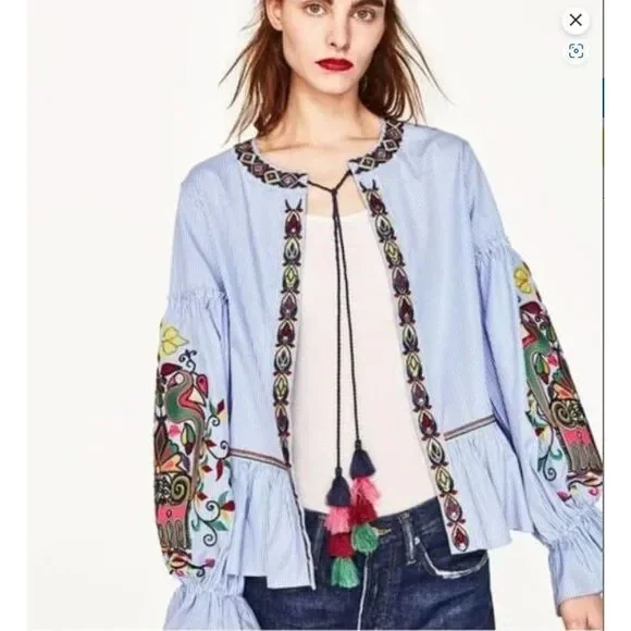 Zara Sequin Embroidered Striped‎ Jacket Blouse Kimono Small Open Front Cardigan - Picture 3 of 8